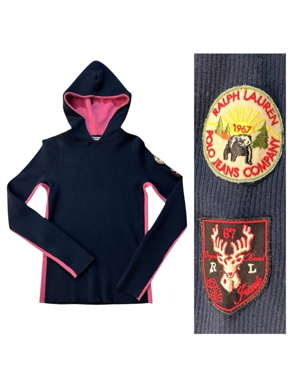 Polo by Ralph Lauren Navy Hooded Rib-Knit Pullover with Pink Trim - Picture 2 of 5